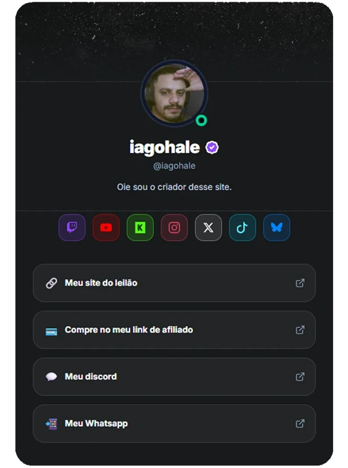 Exemplo de página Link na Bio para streamer com avatar, redes sociais e botões personalizados