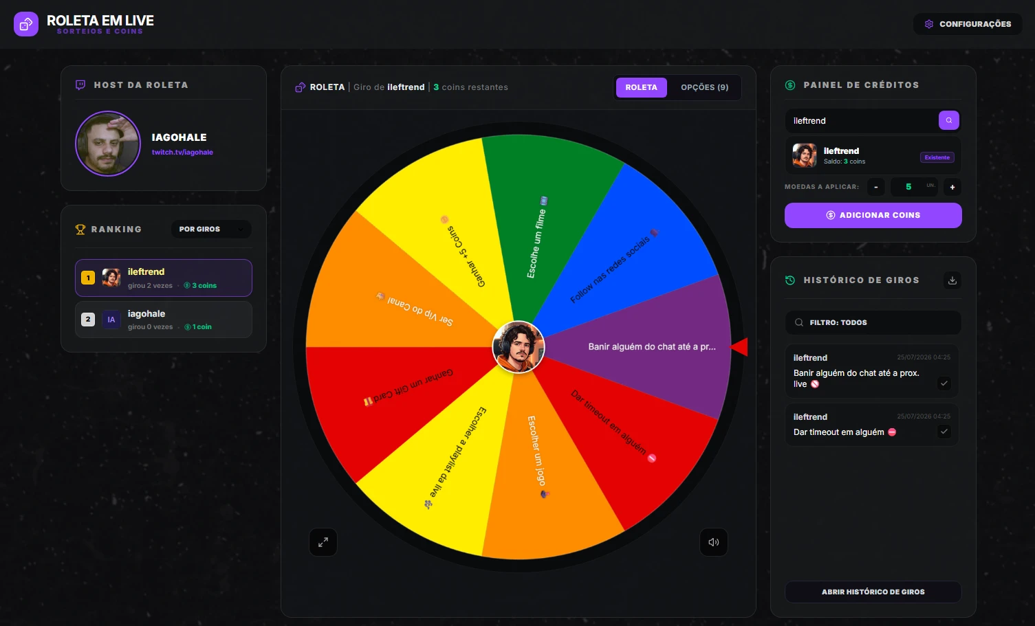 Painel da Roleta em Live com prendas, coins, ranking e histórico de giros